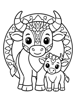 Free printable Cute Taurus Bull And Calf coloring page