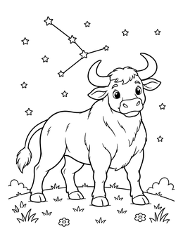 Free printable Cute Taurus Bull Under Night Stars coloring page