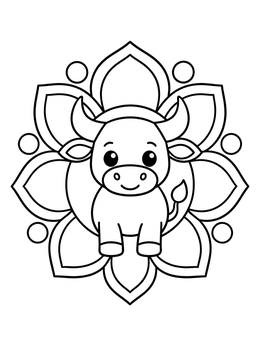 Free printable Cute Taurus Bull Floral Mandala coloring page