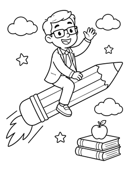 A friendly teacher coloring page featuring a man riding a pencil rocket through the sky.