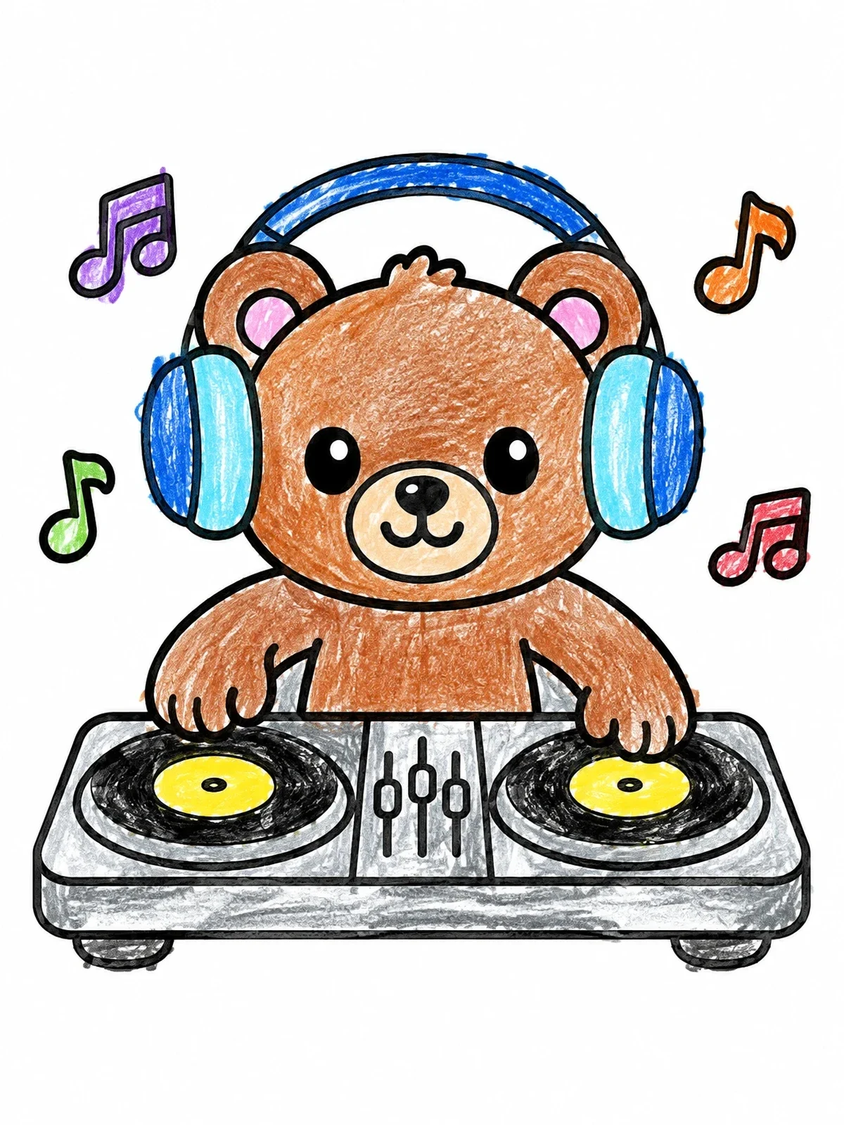 Colored example of the Cute Teddy Bear Dj Mixing Records coloring page