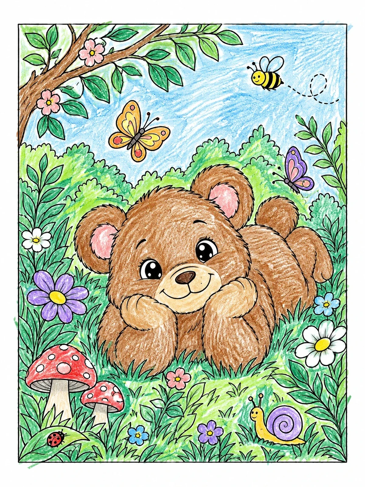 Colored example of the Cute Teddy Bear Resting In Garden coloring page