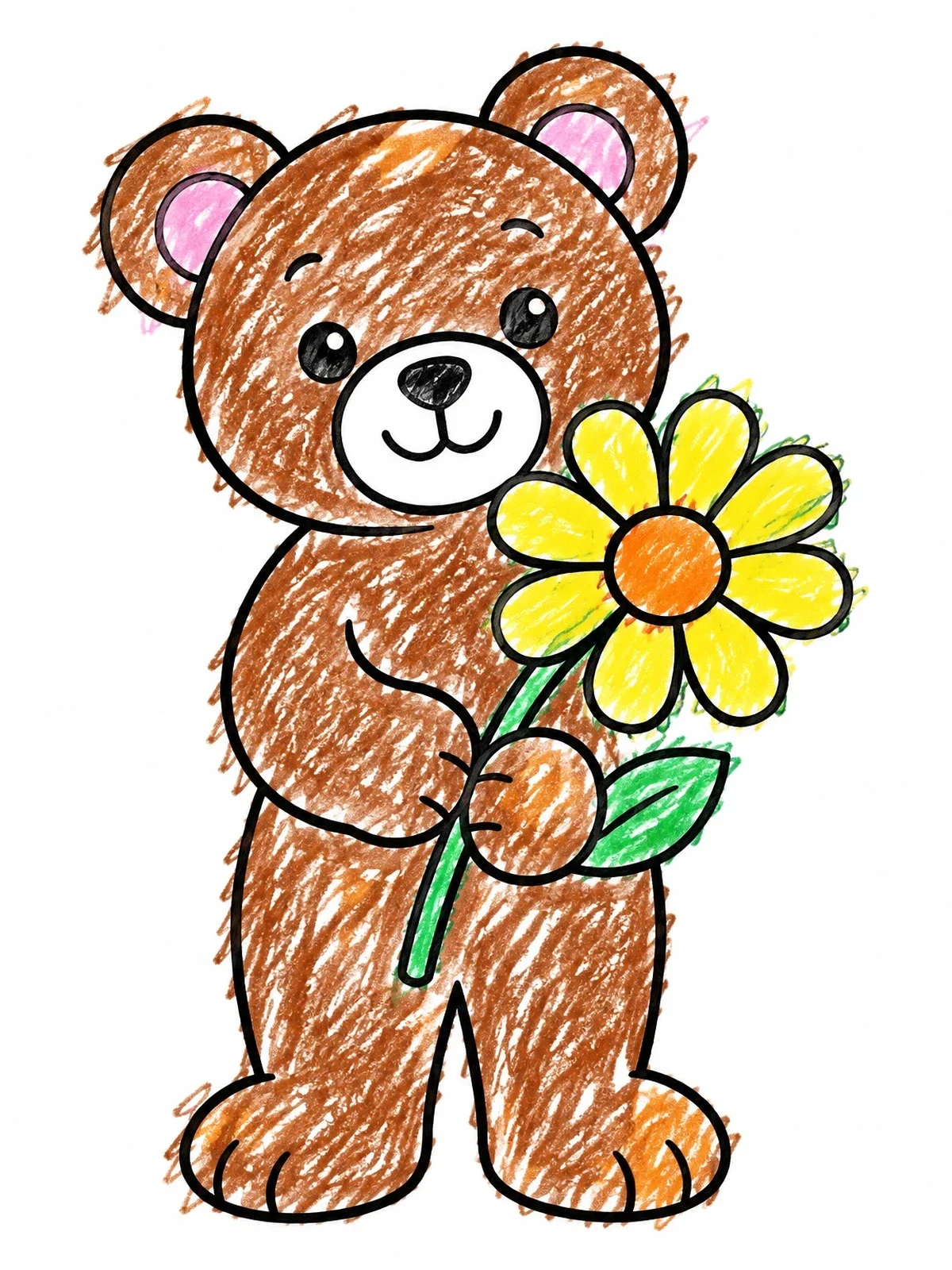 Colored example of the Cute Teddy Bear Holding Flower coloring page