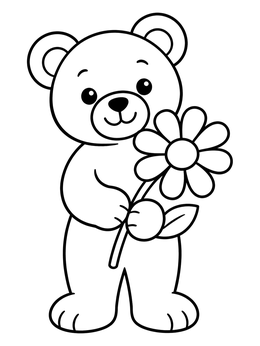 Free printable Cute Teddy Bear Holding Flower coloring page