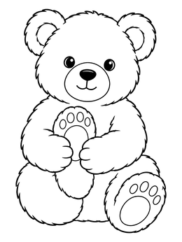 A sweet teddy bear coloring page featuring a sitting bear holding one paw.