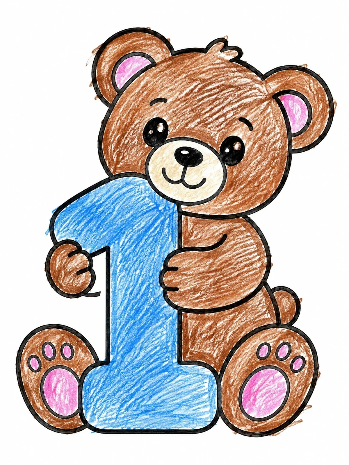Colored example of the Cute Teddy Bear Holding Number One coloring page