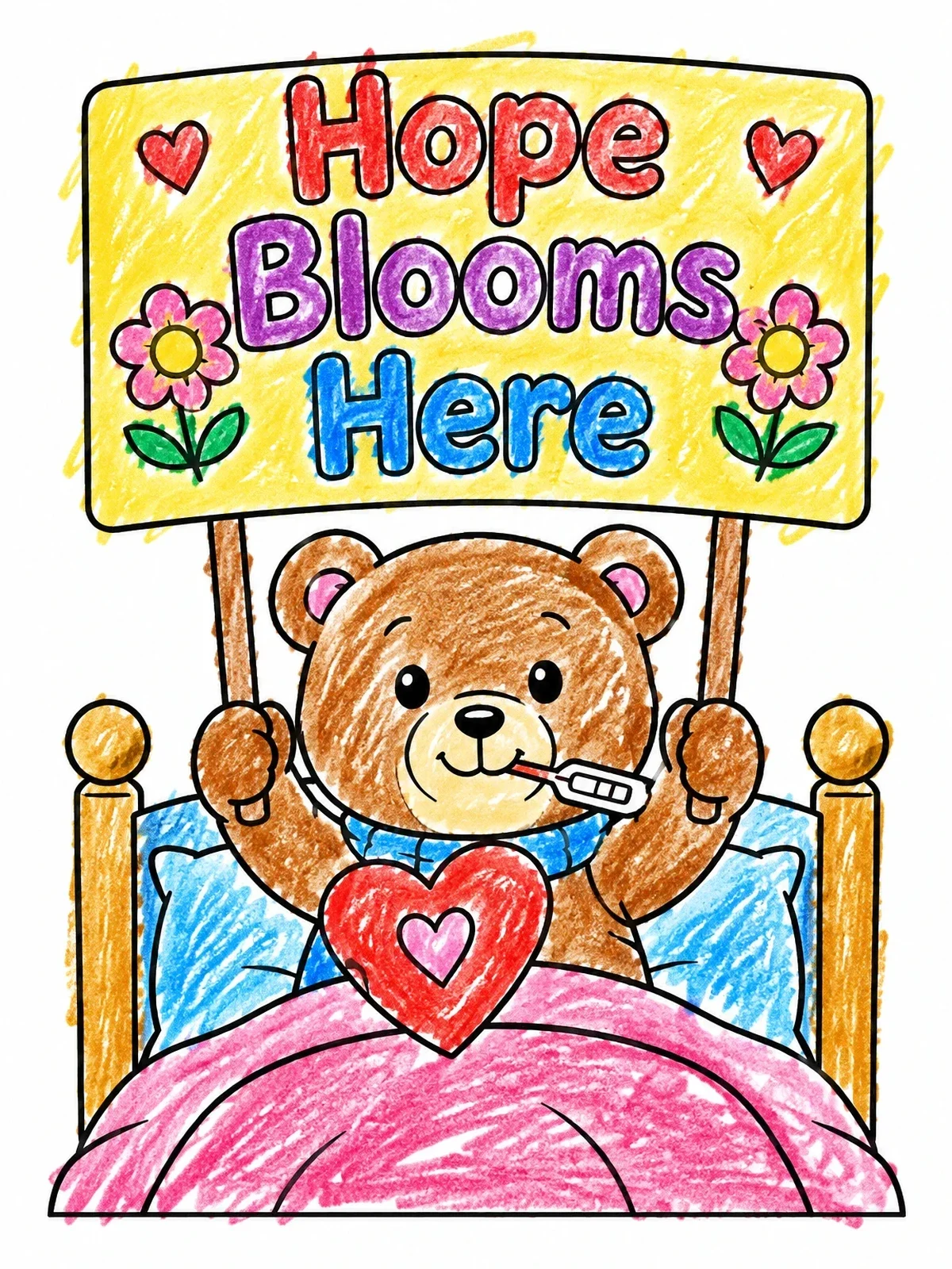 Colored example of the Cute Teddy Bear In Bed With Sign coloring page
