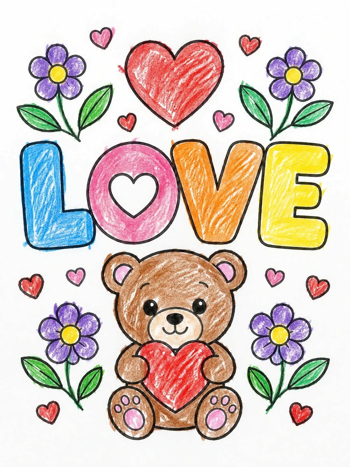 Colored example of the Teddy Bear With Love Letters coloring page