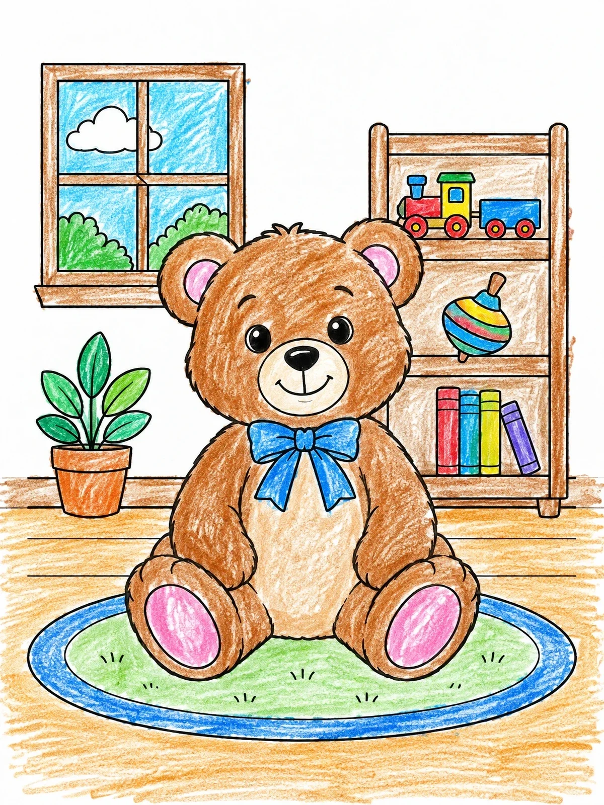 Colored example of the Cute Teddy Bear In Playroom coloring page