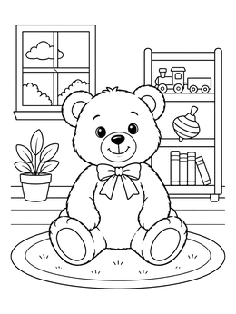 A sweet teddy bear coloring page featuring a bear sitting in a room with a toy shelf and window.