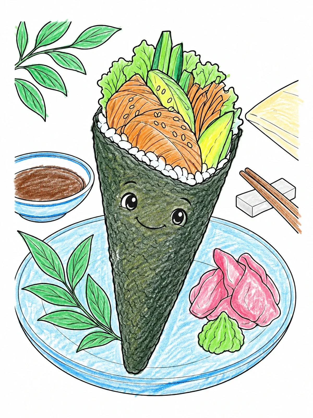 Colored example of the Cute Temaki Hand Roll With Face coloring page