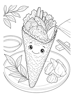 A cheerful sushi coloring page showing a smiling temaki hand roll with wasabi and ginger.