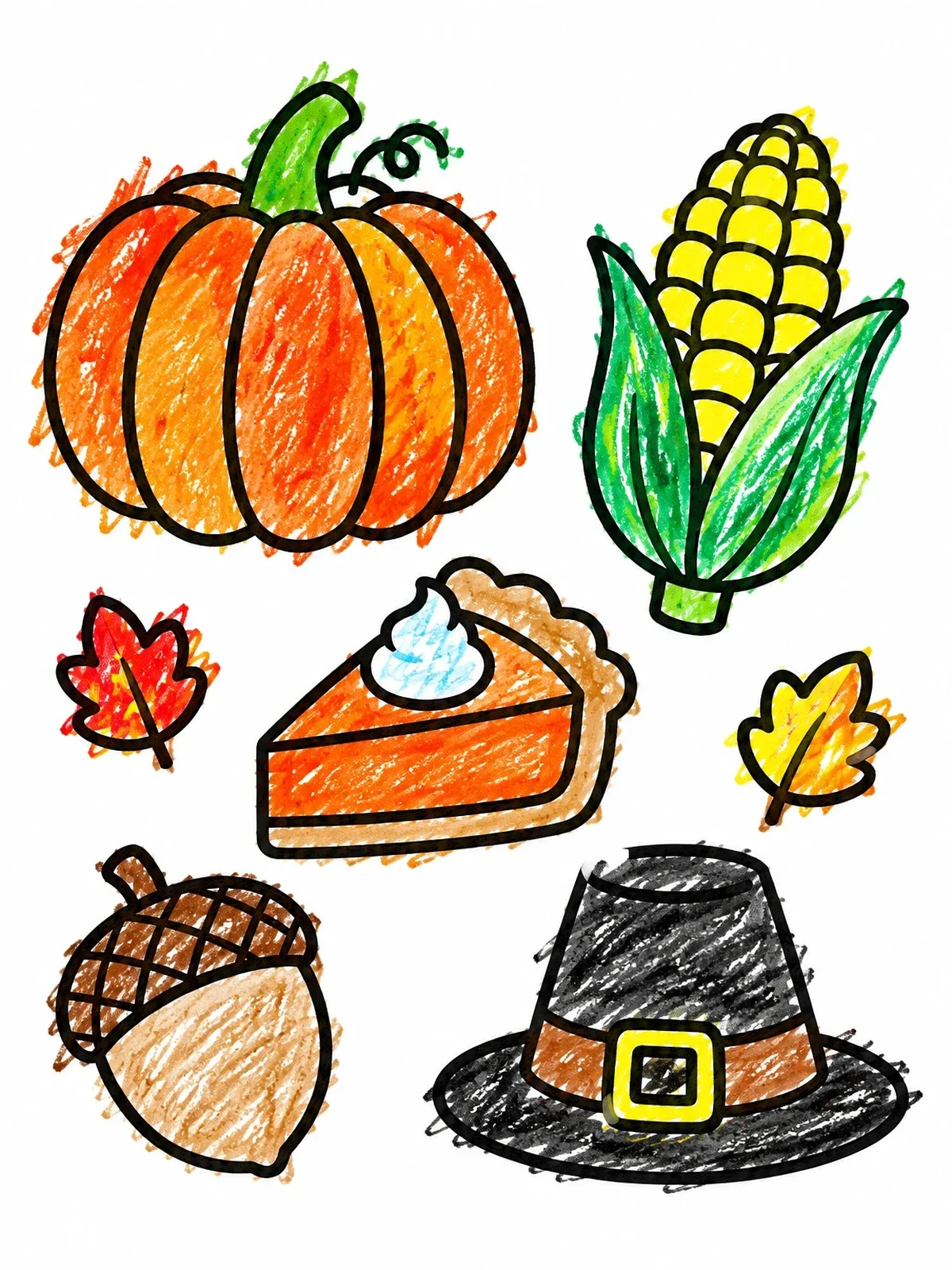Colored example of the Cute Thanksgiving Autumn Symbols coloring page