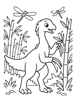 A friendly therizinosaurus coloring page featuring dragonflies and bamboo stalks.
