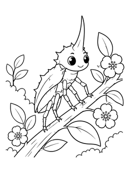 A cheerful thorn bug coloring page featuring lovely blossoms on a sunny branch.