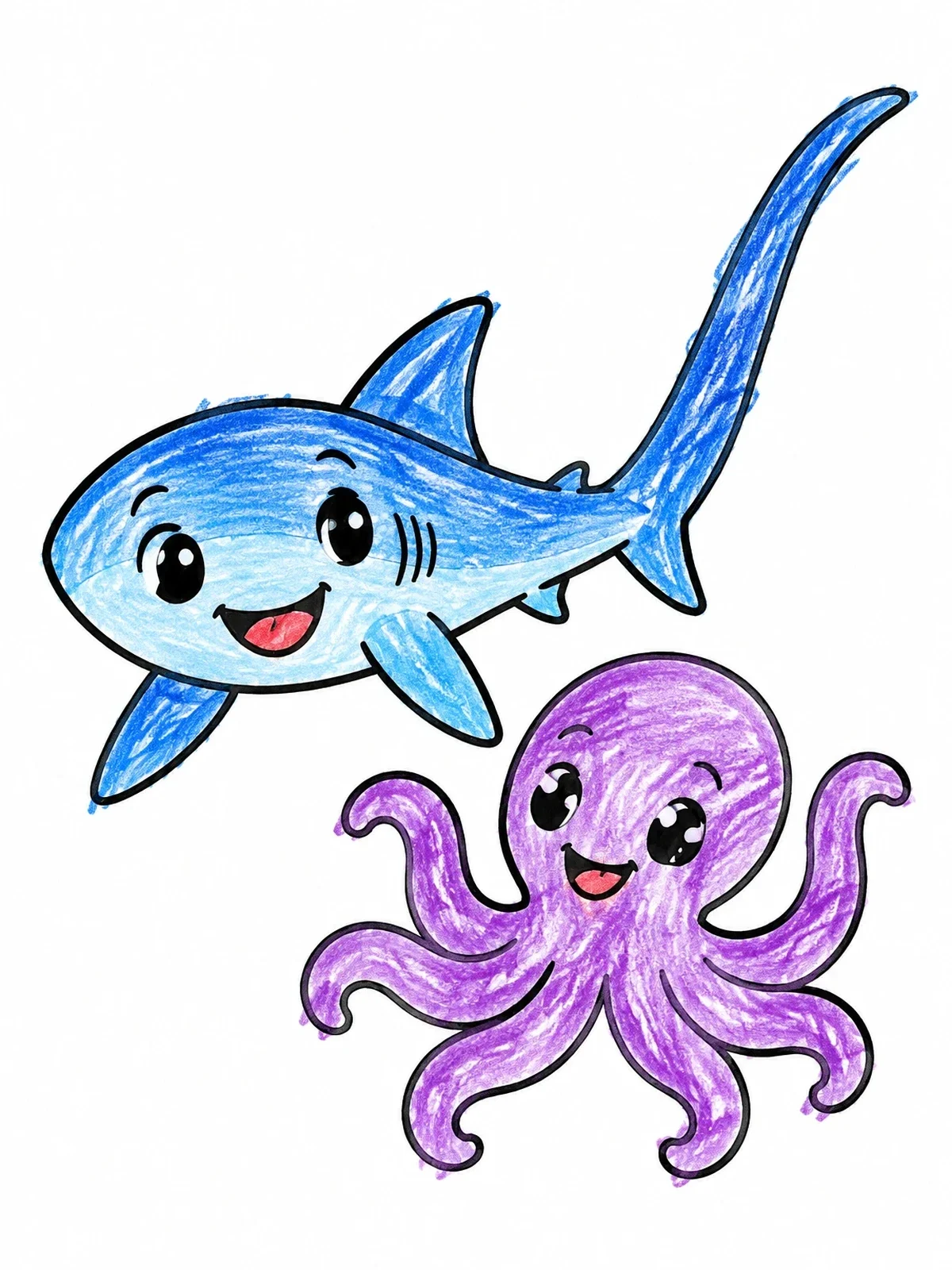 Colored example of the Cute Thresher Shark And Octopus Friends coloring page