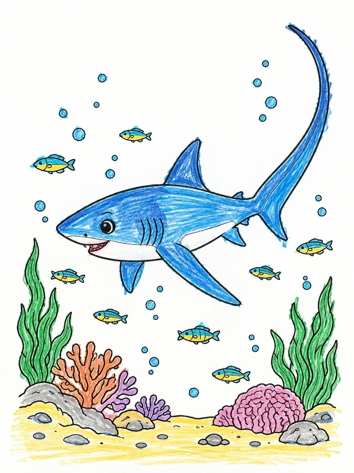 Colored example of the Cute Thresher Shark Coral Reef coloring page