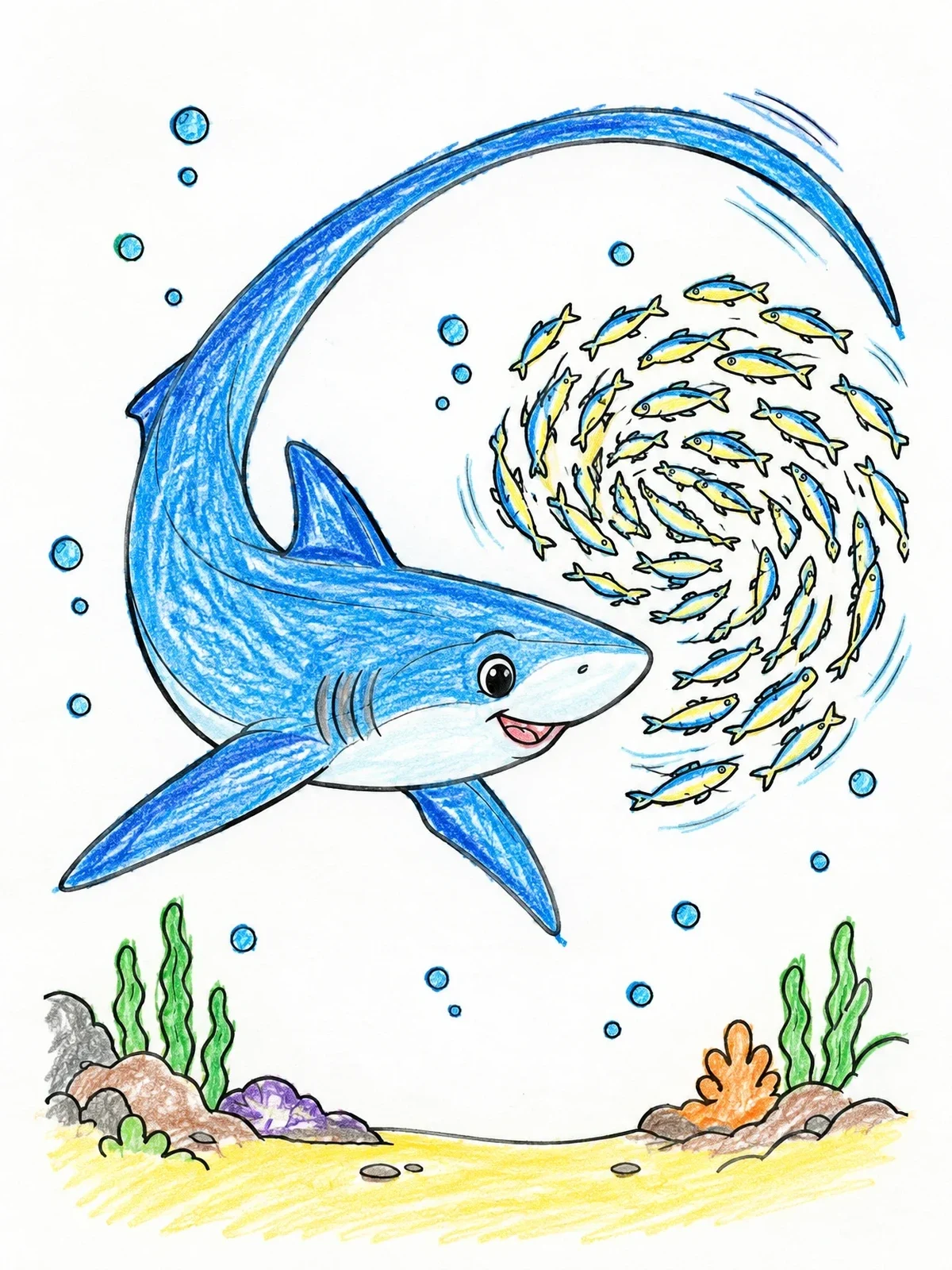 Colored example of the Playful Thresher Shark With Fish Swirl coloring page