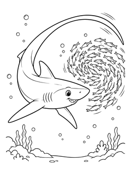 Free printable Playful Thresher Shark With Fish Swirl coloring page