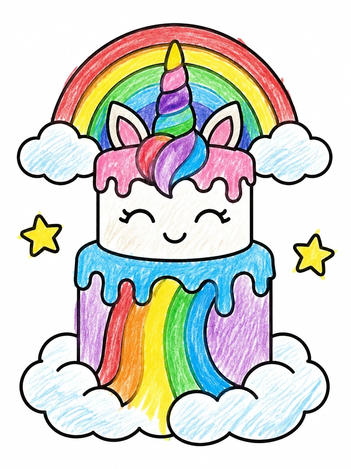 Colored example of the Cute Tiered Unicorn Cake With Rainbow coloring page