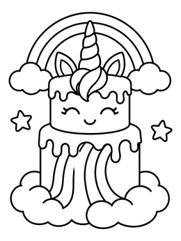 Free printable Cute Tiered Unicorn Cake With Rainbow coloring page