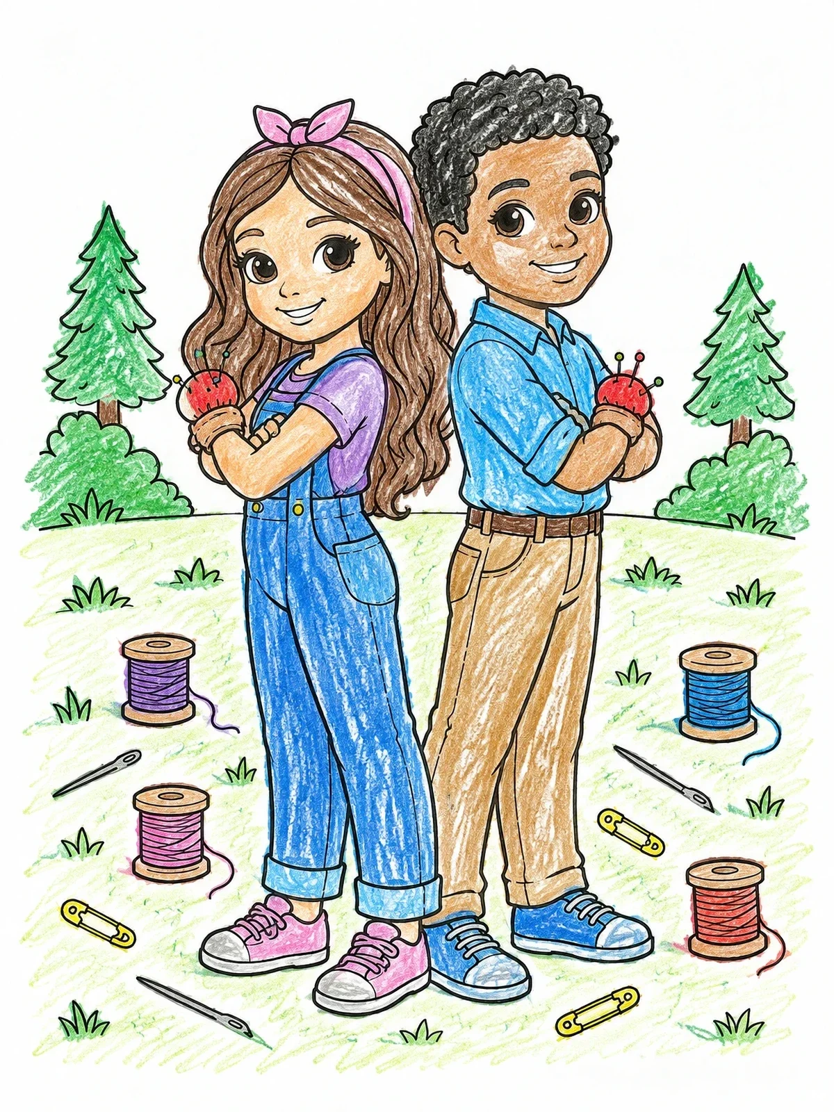 Colored example of the Sewing Duo Standing Back To Back coloring page