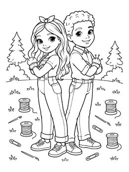 Free printable Sewing Duo Standing Back To Back coloring page