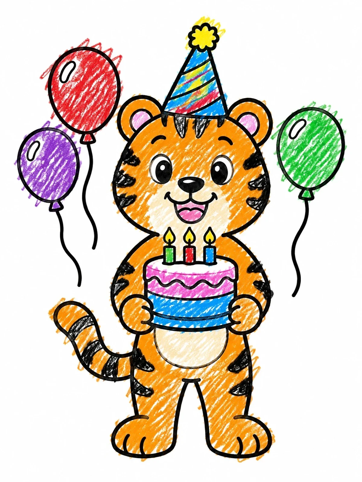Colored example of the Cute Tiger With Birthday Cake coloring page