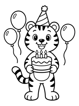 A cheerful tiger coloring page featuring a cub holding a birthday cake with balloons.