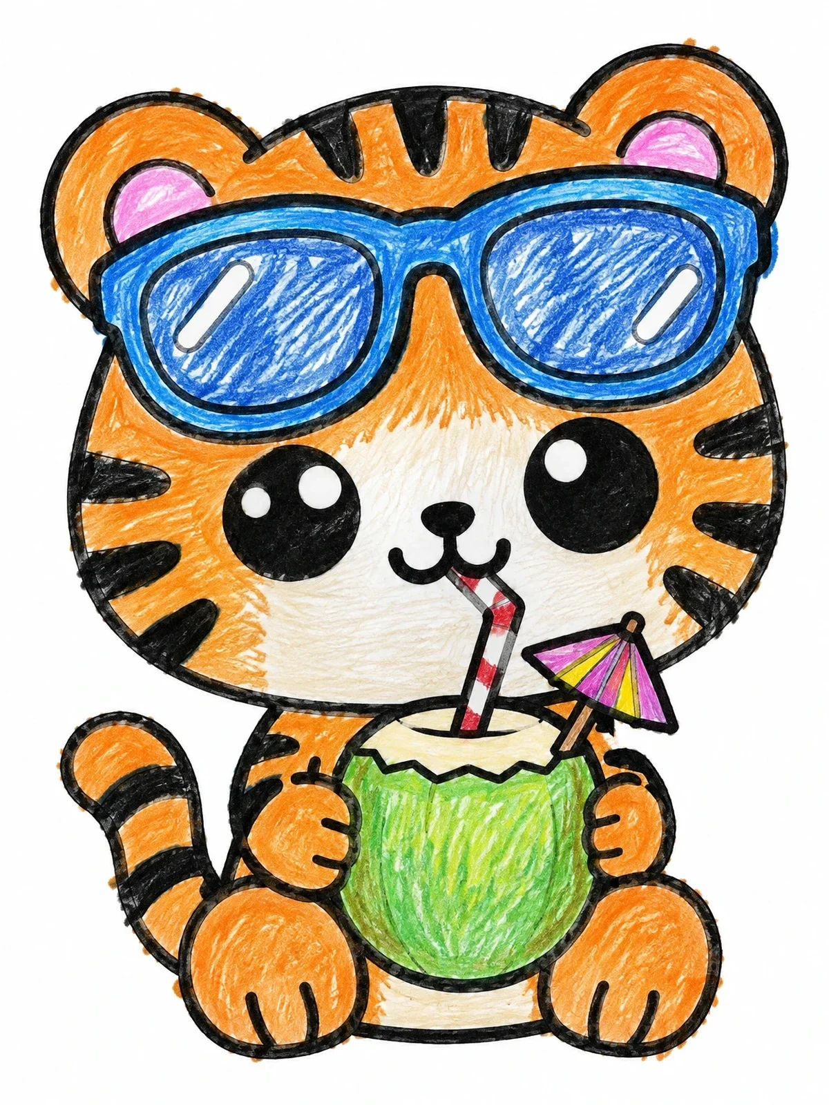 Colored example of the Cute Tiger With Coconut Drink coloring page
