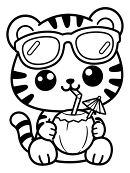 Free printable Cute Tiger With Coconut Drink coloring page