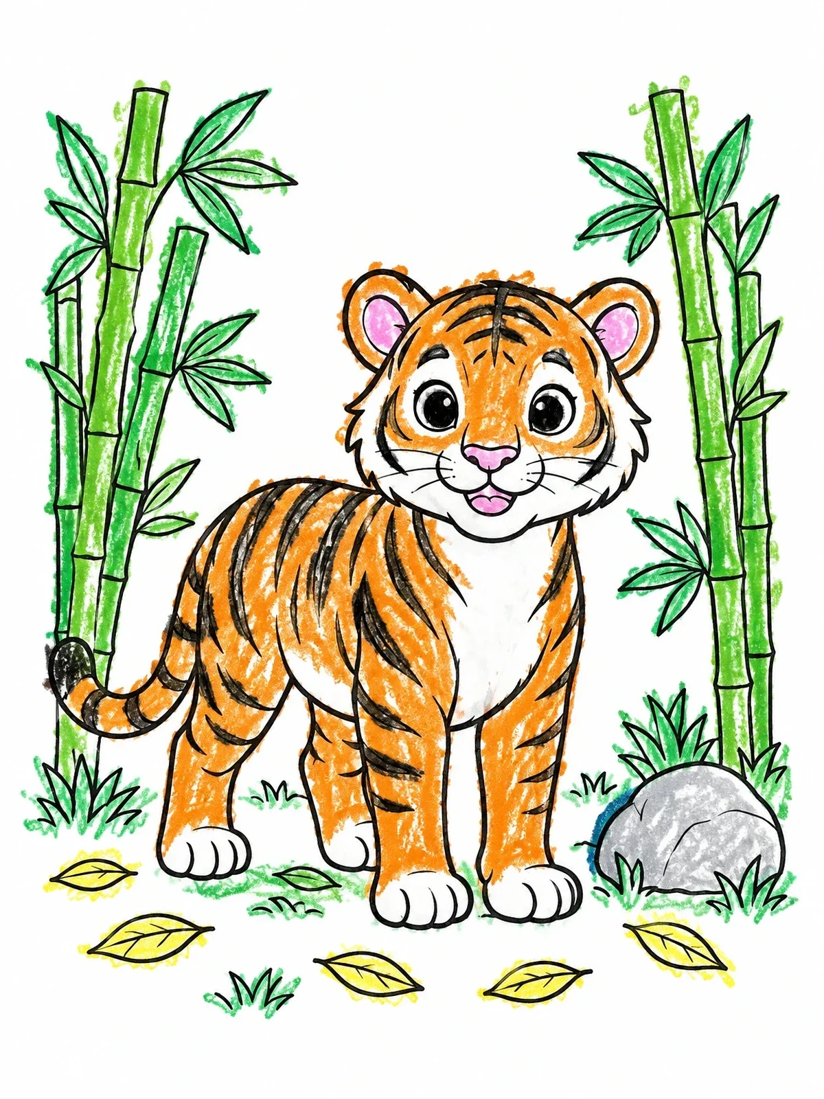 Colored example of the Cute Tiger Cub In Bamboo coloring page