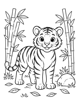 A cute tiger coloring page with a standing cub near bamboo stalks and leaves.