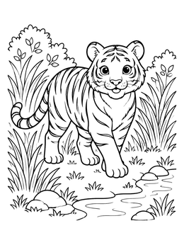 A cute tiger cub walking near water in this tiger coloring page.