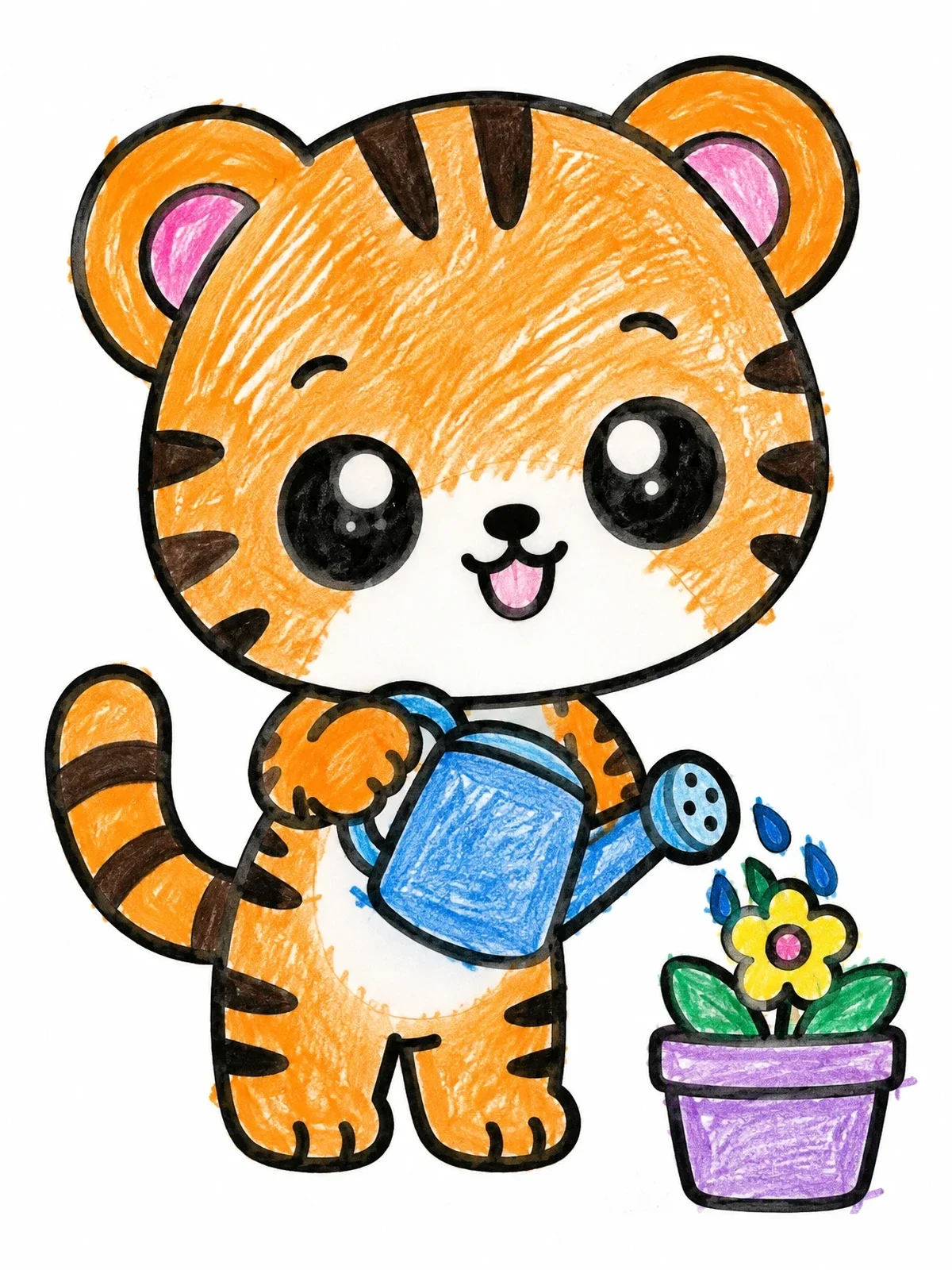 Colored example of the Cute Tiger Cub Gardening coloring page