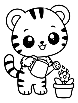 A cute tiger cub waters a potted plant in this tiger coloring page.