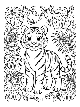 A cute tiger cub stands framed by leaves in this jungle coloring page.