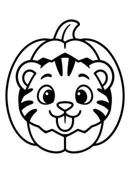 A cute tiger cub peeking out of a pumpkin on this tiger coloring page.