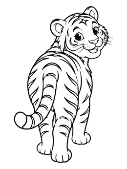 A cute tiger cub looking over its shoulder on this tiger coloring page.