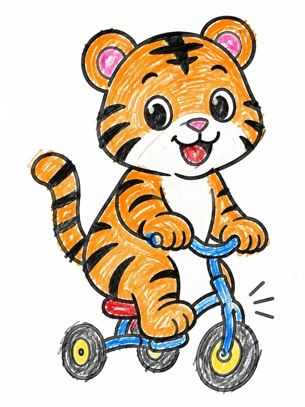 Colored example of the Cute Tiger Cub On Tricycle coloring page