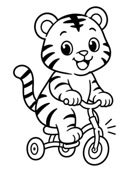 A cheerful tiger coloring page showing a playful tiger cub riding a small tricycle.