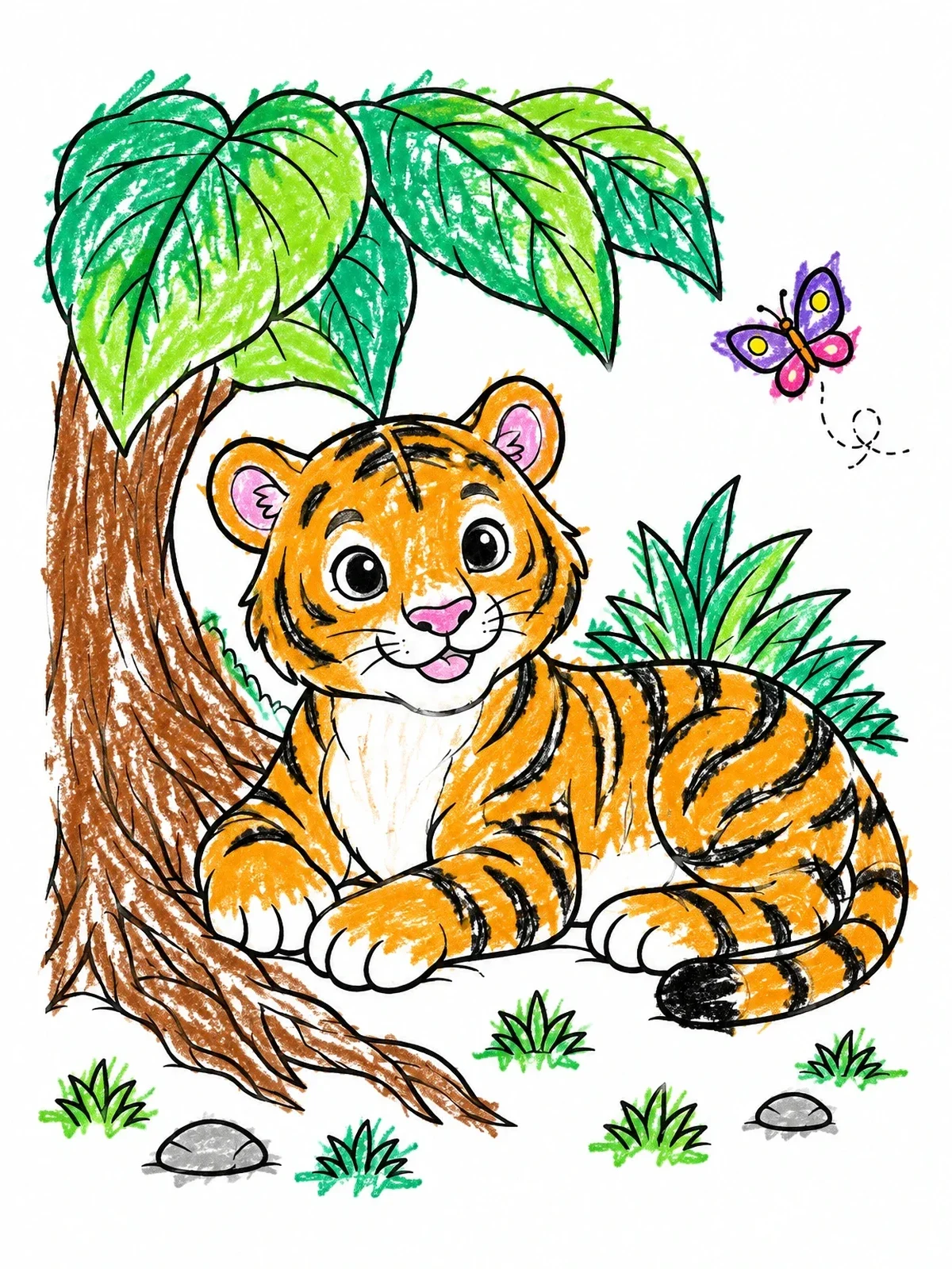Colored example of the Cute Tiger Cub Resting By Tree coloring page