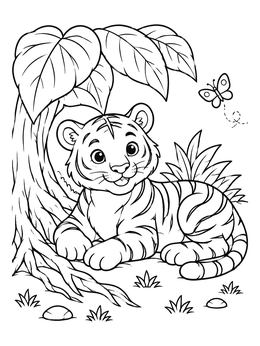 A cheerful tiger coloring page with a cute cub relaxing under jungle leaves near a butterfly.