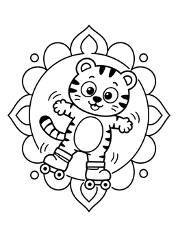 A happy tiger coloring page showing a playful cub balancing on roller skates.