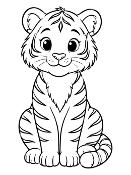 A cute tiger cub sitting upright on this tiger coloring page.