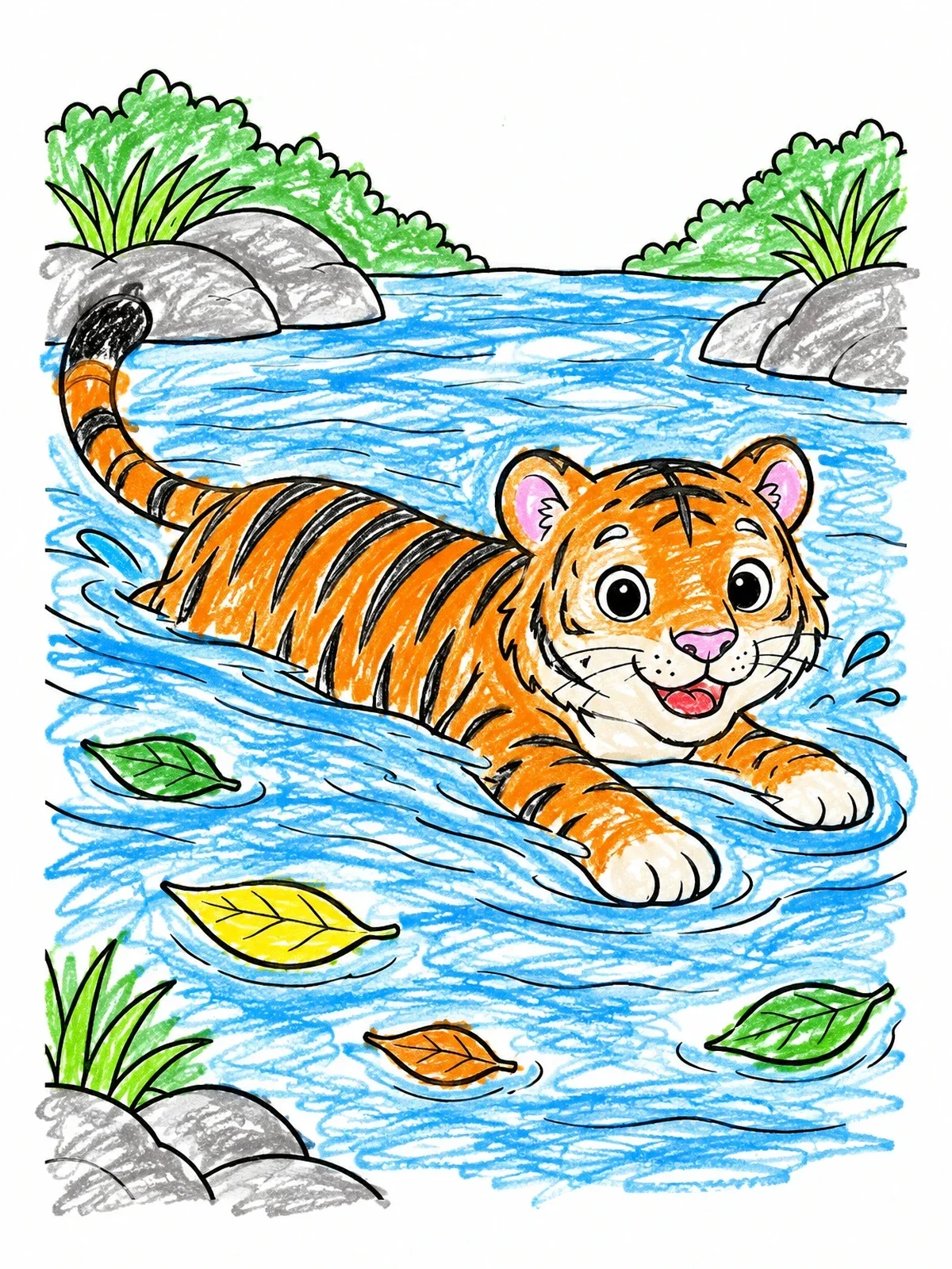 Colored example of the Cute Tiger Cub Swimming In River coloring page