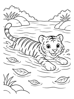 A cheerful tiger cub glides in the water on this tiger coloring page.