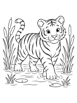 A cute tiger cub walks among reeds in this tiger coloring page.