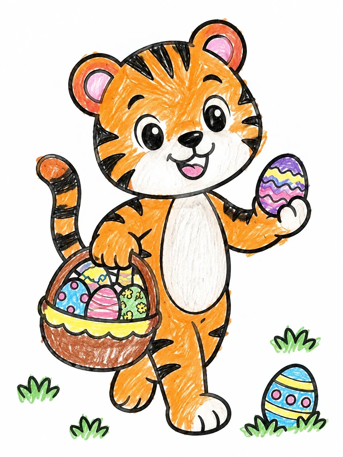 Colored example of the Cute Tiger On Easter Egg Hunt coloring page