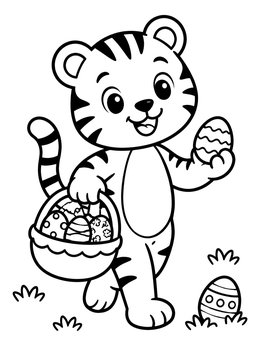 A cheerful tiger coloring page with an Easter basket full of patterned eggs.